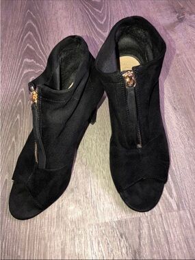 Cato Black Suede Peep-Toe Ankle Booties with Front Zip